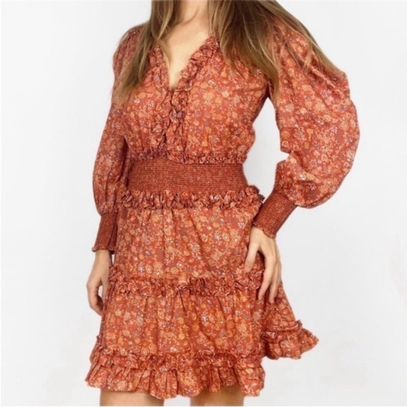 House of Harlow 1960 Floral Smocked Waist Peasant Dress Wallis Rust Orange - Picture 1 of 6